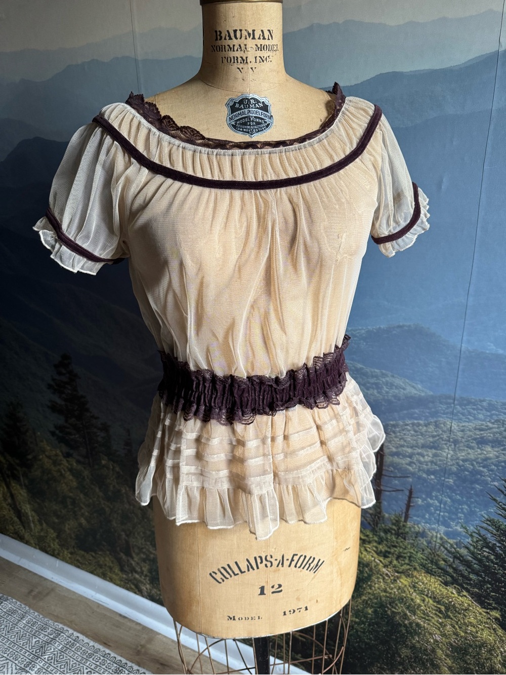 Heart Moon Star Cream Peplum Blouse with Brown Trim